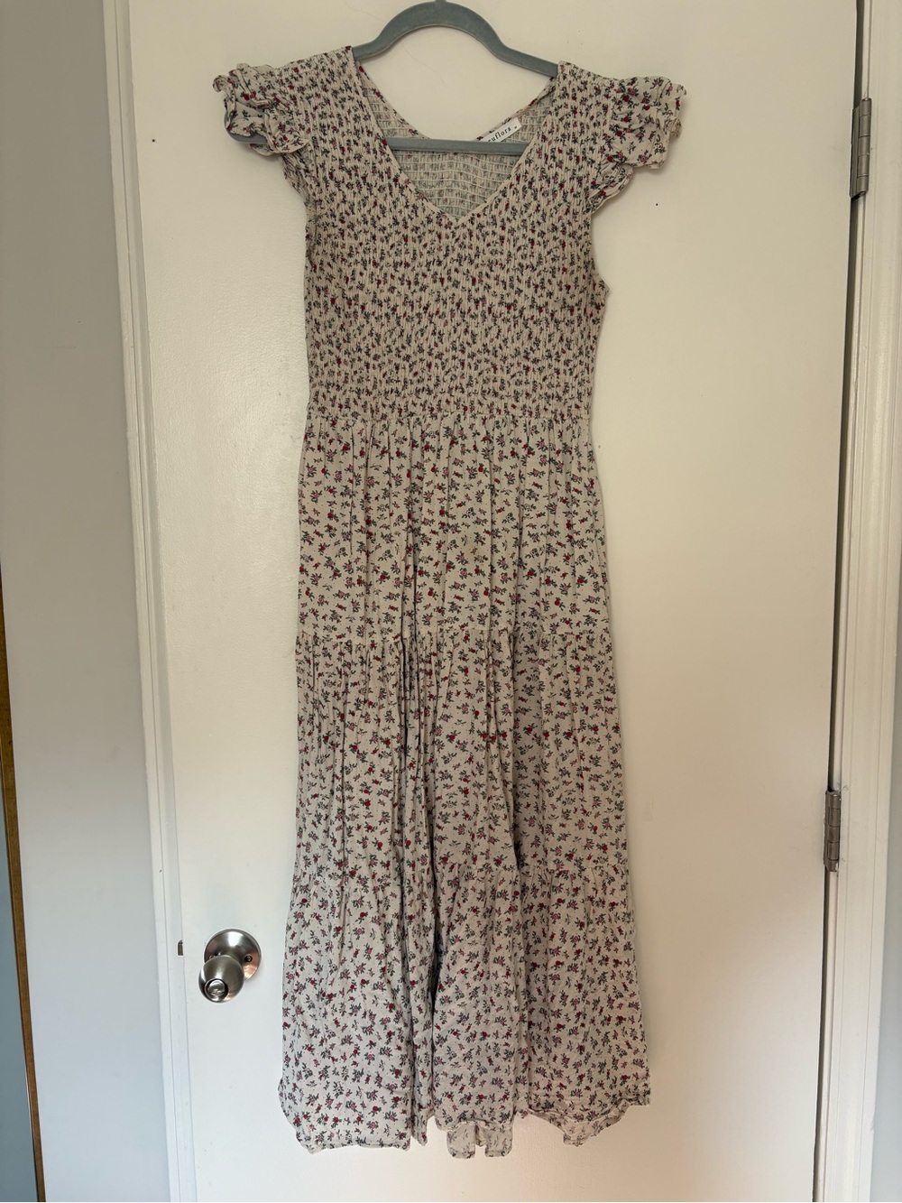 Smocked Midi Dress in Cream with Red Floral Print